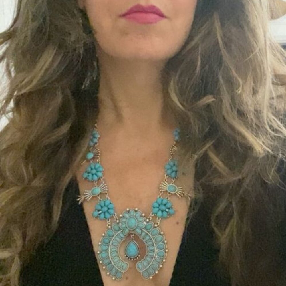 COPY - Squash Blossom SILVER tone TURQUOISE Necklace
